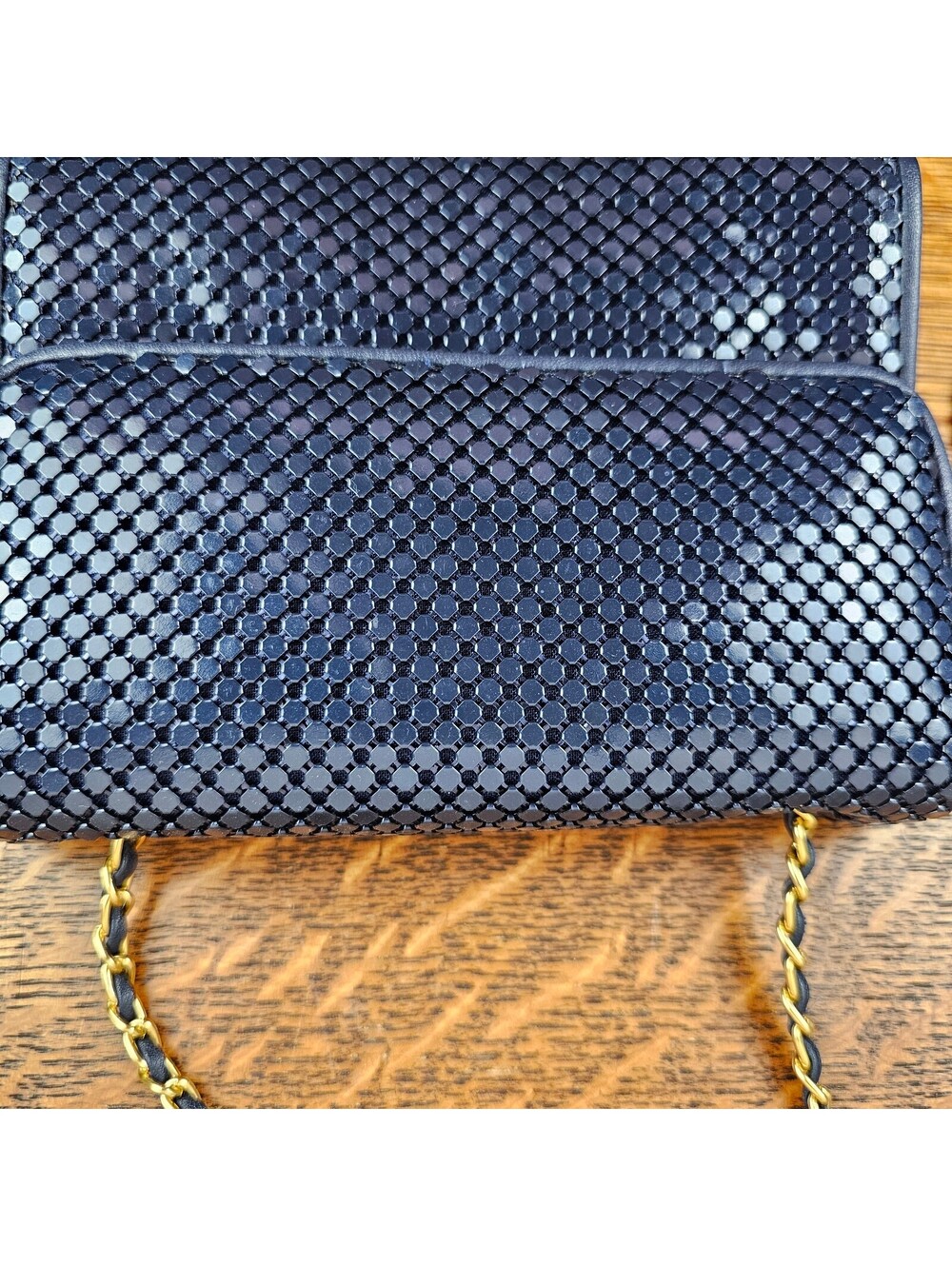 Vintage Whiting & Davis Navy Blue Metal Mesh Purse Gold Chain Shoulder Bag - Picture 3 of 15